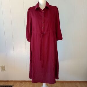 Petallush Dress Merlot 3/4 Length Balloon Sleeve Collared Neck Tie Waist Midi